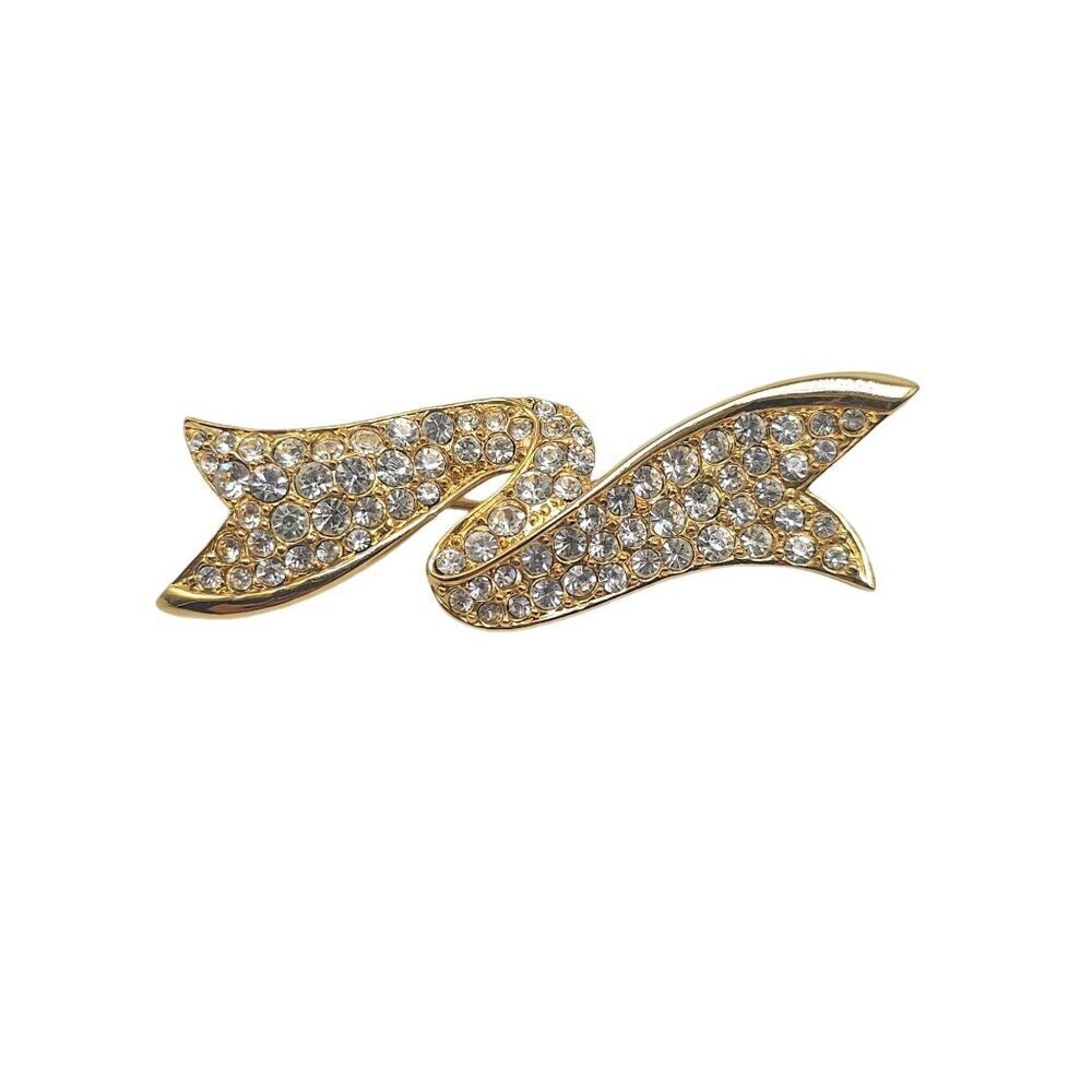 Vintage Monet Gold Tone Clear Rhinestone Bow Pin Brooch